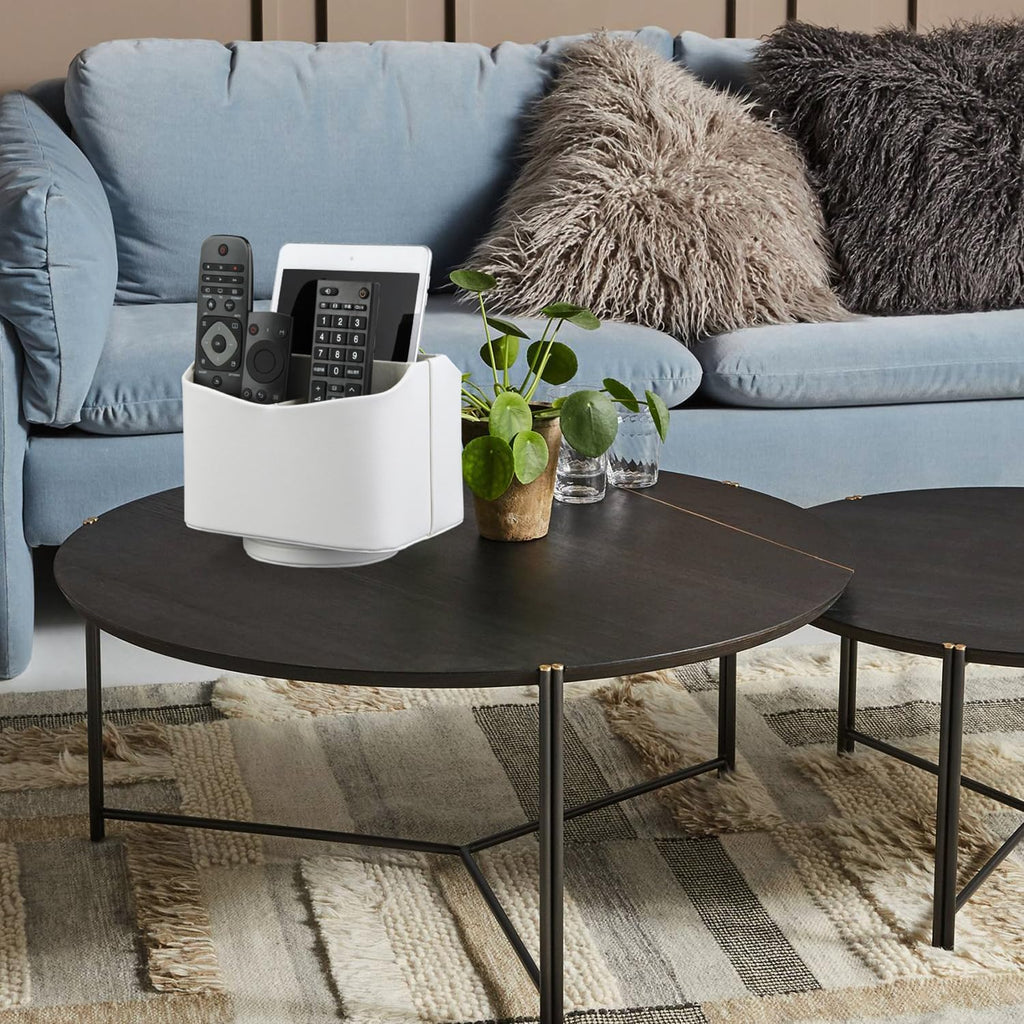 HofferRuffer Spinning Remote Control Holder, Remote Caddy, 360 Degrees Rotatable Remote Control Organizer, Desktop Organizer Caddy Holder, PU Faux Leather (White)