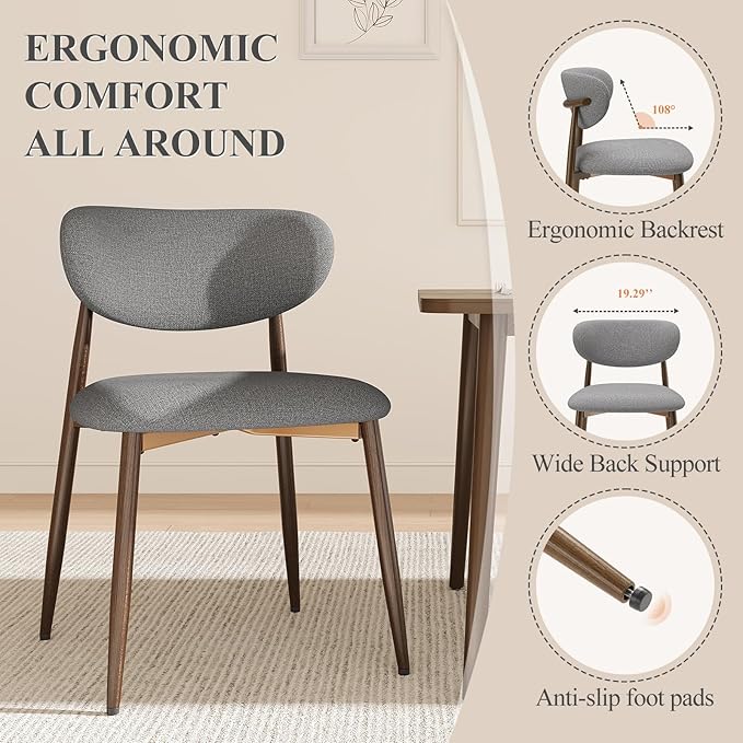 Dining Chairs Set of 6, Upholstered Dining Room Chairs with Metal Legs and Anti Slip Pads, Curved Back Kitchen Chair for Home and Restaurant Use, Light Grey