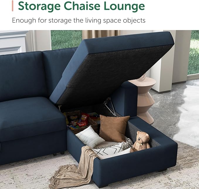 HONBAY Sectional Sleeper Sofa with Pull Out Bed U-Shape Sectional Couch Sleeper Bed with Storage Chaise Lounge Living Room 6 Seater Sectional Sofa,Velvet Dark Blue