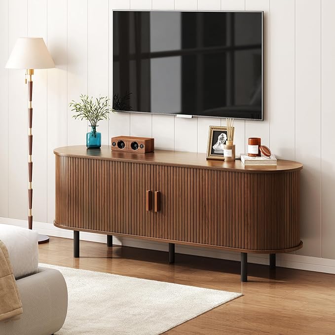 ONBRILL 55" TV Stand with Power Outlet for TVs up to 60 Inch, Entertainment Center with Storage and Adjustable Shelves, Modern Media Console with Sliding Doors for Living Room, Walnut
