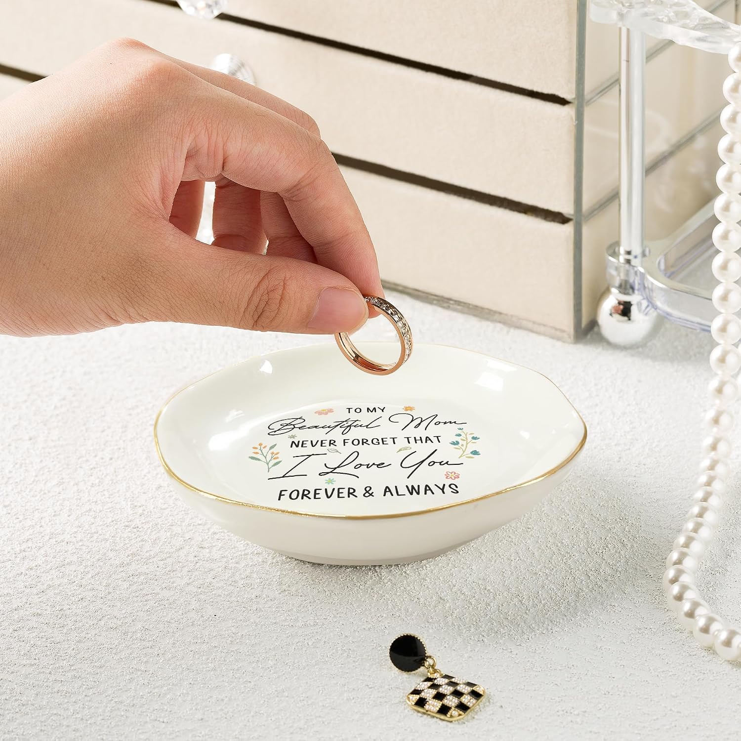 Beautiful Mom Forever Always Ceramic Ring Dish | Mother's Day • Mom • Floral Keepsake • Jewelry Organizer • Elegant Bedroom Decor
