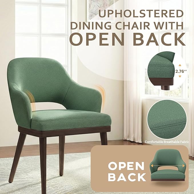 Wooden Dining Chairs Set of 6, Modern Fabric Upholstered Dining Room Chair, Kitchen Side Chairs, Farmhouse Dinner Chair with Open Back for Kitchen, Green