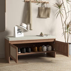 SOFTSEA 39.4" Shoe Storage Bench with Rattan Doors & Cushion, Natural | Entryway Bench with 2 Rattan Doors, Padded Seat Cushion, Mid-Century Modern Shoe Cabinet for Hallway, Bedroom, Living Room