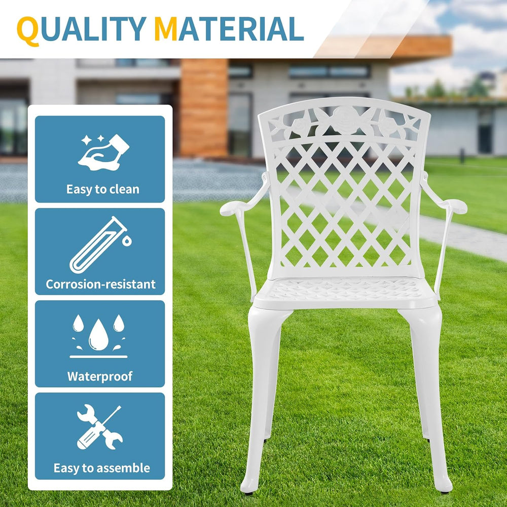 Outdoor White Cast Aluminum Arm Chair, Set of 2 Patio Dining Chairs, All-Weat...