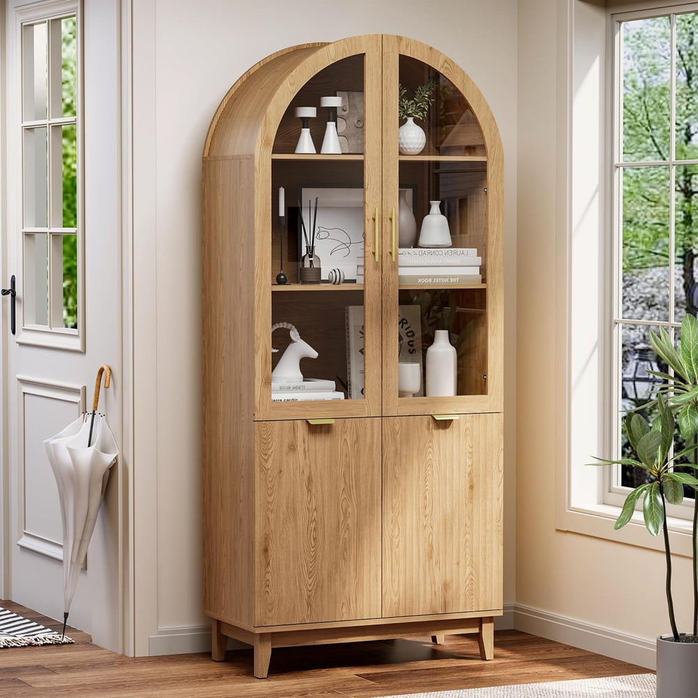 Pamapic 71" Tall Arched Cabinet, Fluted Kitchen Pantry with Glass Doors ...