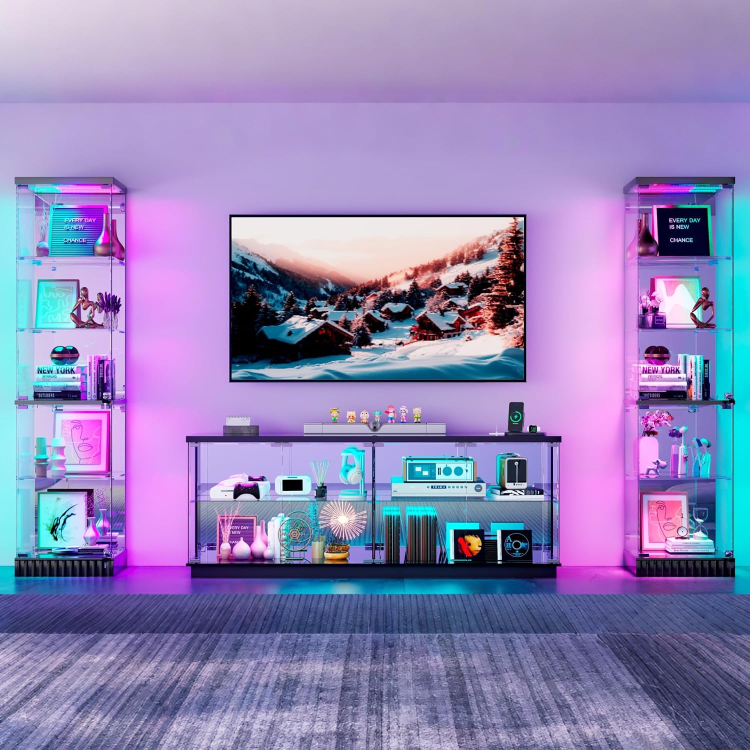 3-Piece Glass Display Cabinet Set with Glass Doors and RGB Lights,White | 2 Tall 67''H Corner Curio Cabinets with Locks and 1 Large 59''W TV Stand Display Case with Motion Sensor,Charging Hub
