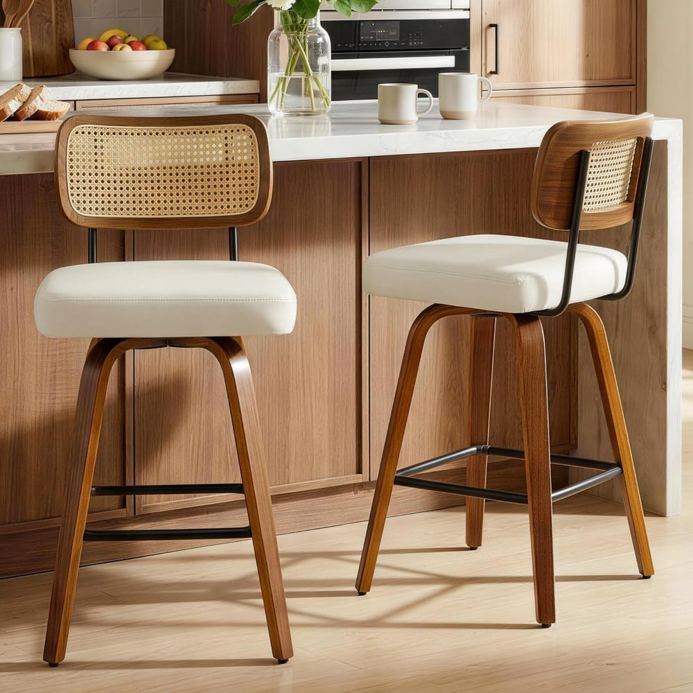 Swivel Bar Stools Set of 3, 26" Counter Height with Rattan Back, Ivory