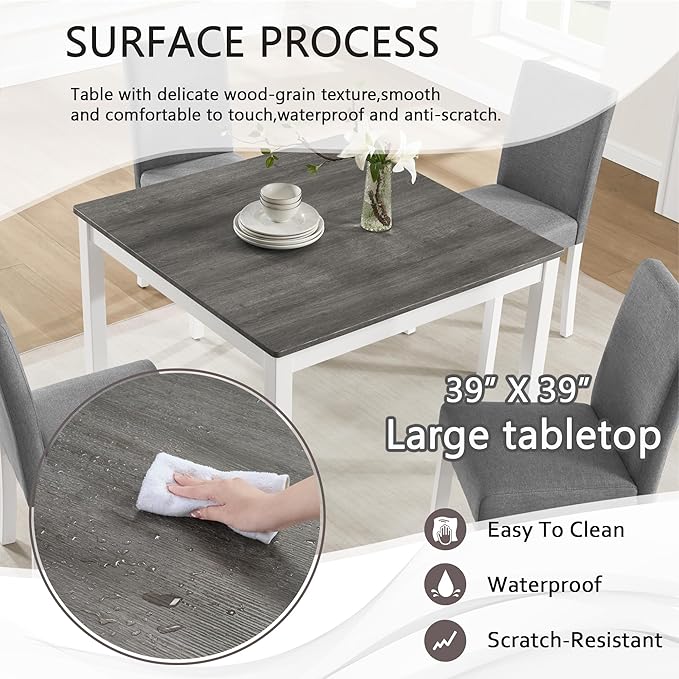 KEIKI 5-Piece Standard Height Dining Table Set with Square Table and 4 Upholstered Curved Backrset Chair, for 4 Person, Modern Wooden Table Set, Easy Assembly, for Kitchen, Dining Room, White+Gray