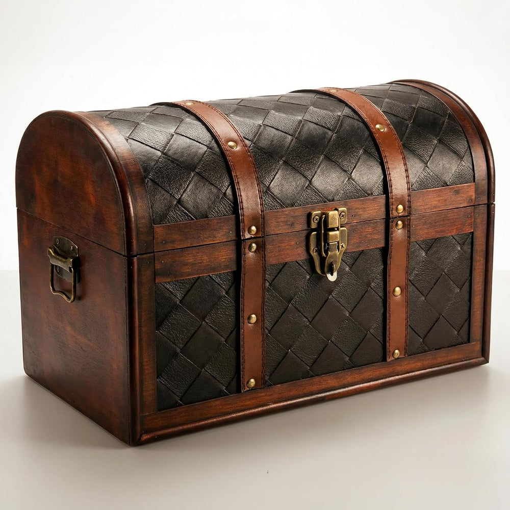 Vintiquewise Wooden Leather Treasure Chest Vintage Trunk, Small Storage Chest...