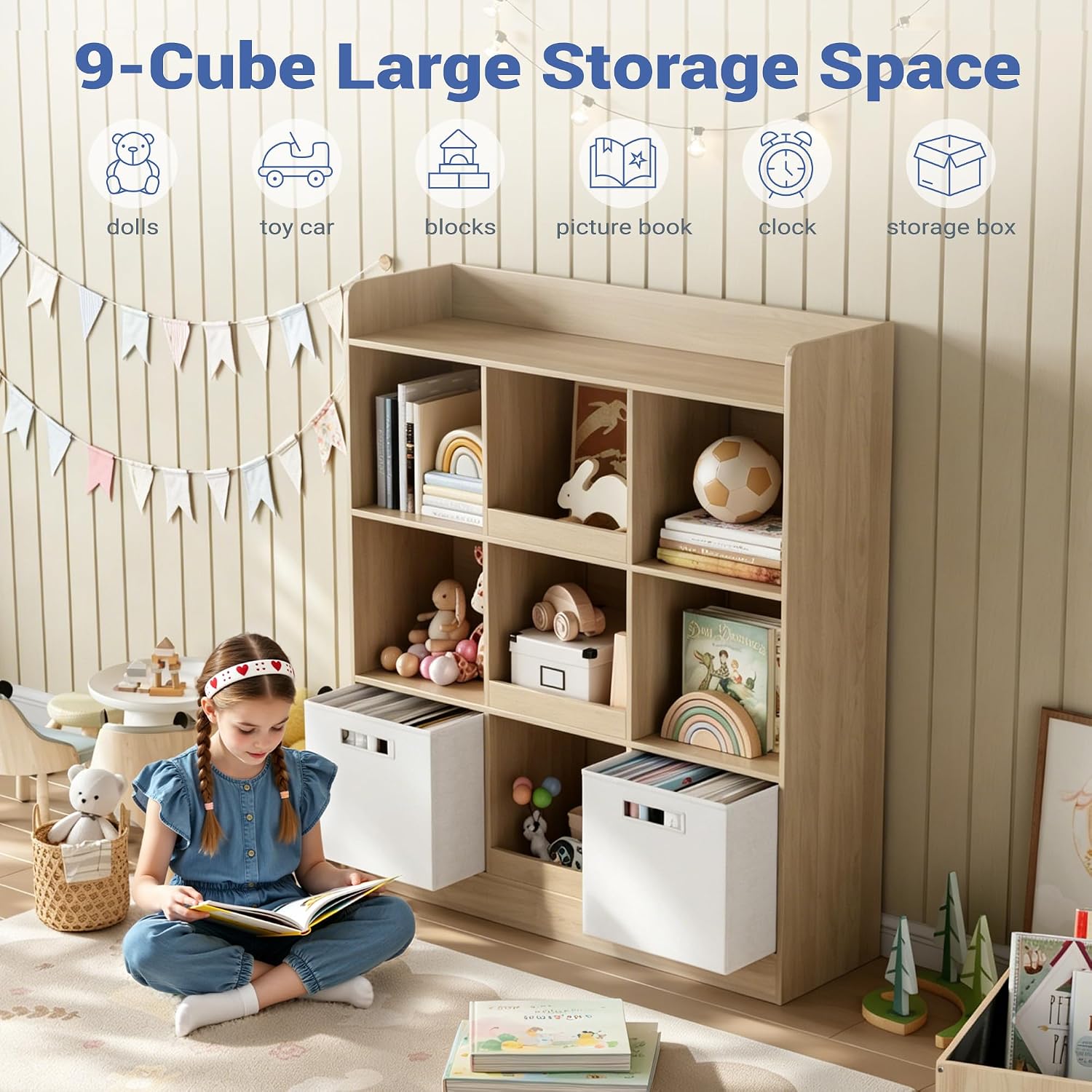 Housoul Kids Bookshelf, Toy Storage Organizer with Fabric Drawers, Natural | Bookshelf with 9 cube, 3-tier freestanding wooden open shelf bookshelf, modern kids display bookcase for living room, office