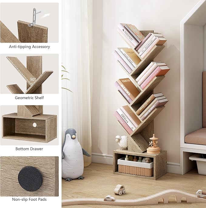 Hoctieon 6 Tier Tree Bookshelf, Tall Bookcase with Drawer, Freestanding Book Shelf, Display Floor Standing Storage Shelf, Book Organizer Shelves for Home Office, Living Room, Bedroom, Greige