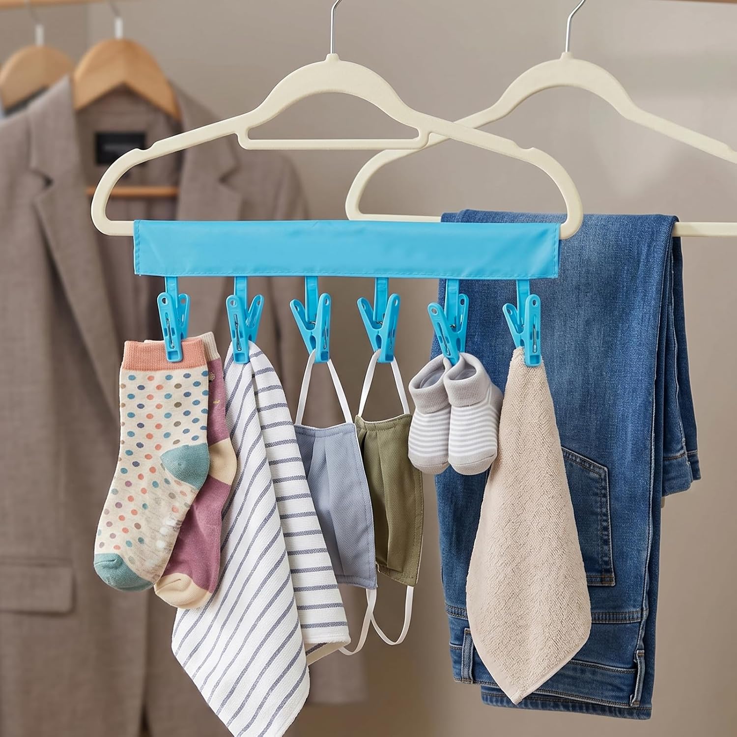 Mini Clothespins Travel Hangers 3-Pack: Foldable Portable Clothes Hangers w/ 6 Clips for Swimsuit, Towel & Sock Drying Rack - Cruise, Dorms, Travel (Black, Blue, Red)
