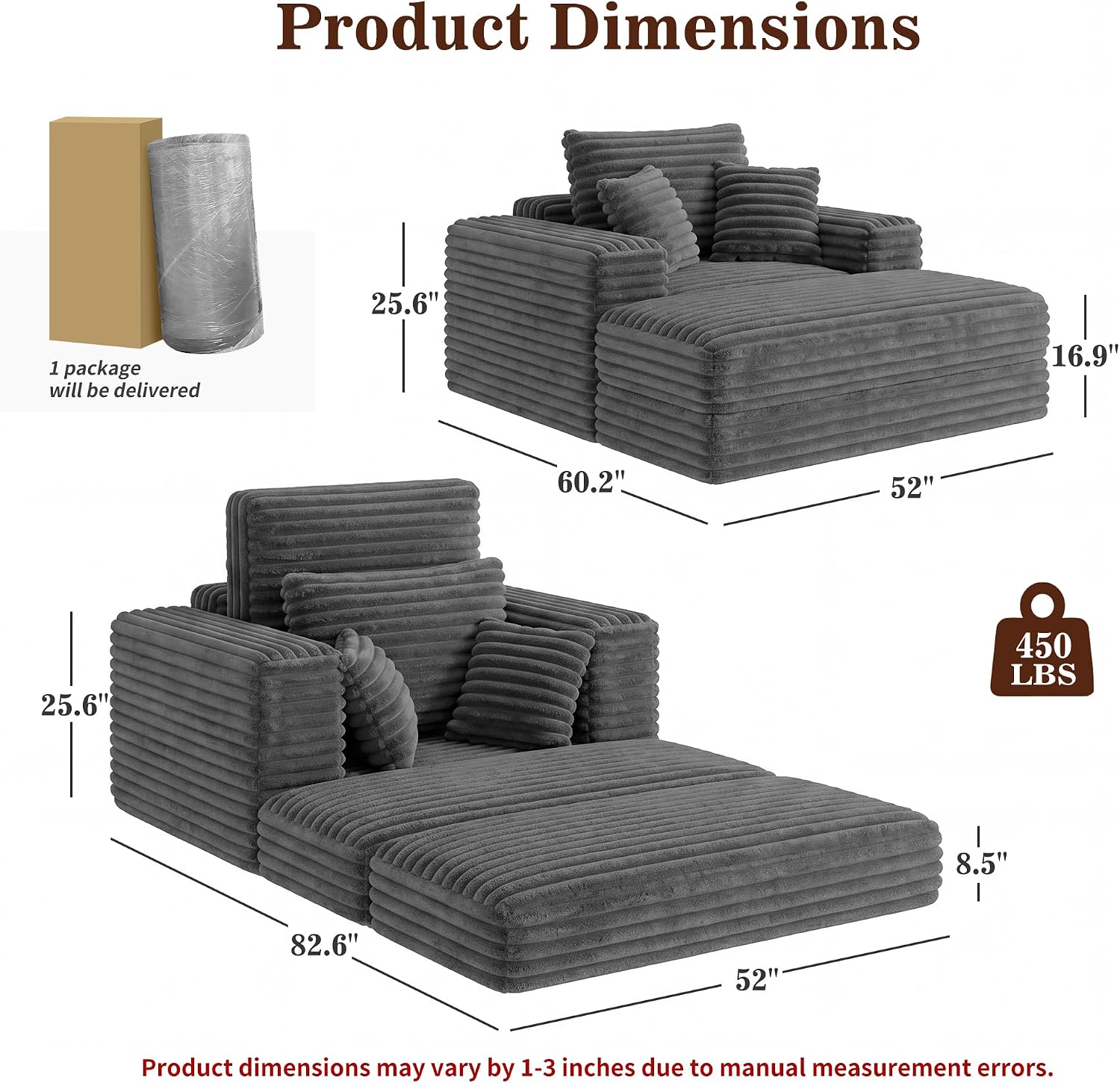 Busaurus 60'' Oversized Chaise Lounge Chair Indoor with Ottoman, Convertible Boneless Sofa Bed & Corduroy Reading Chair for Living Room & Bedroom, No Assembly Required