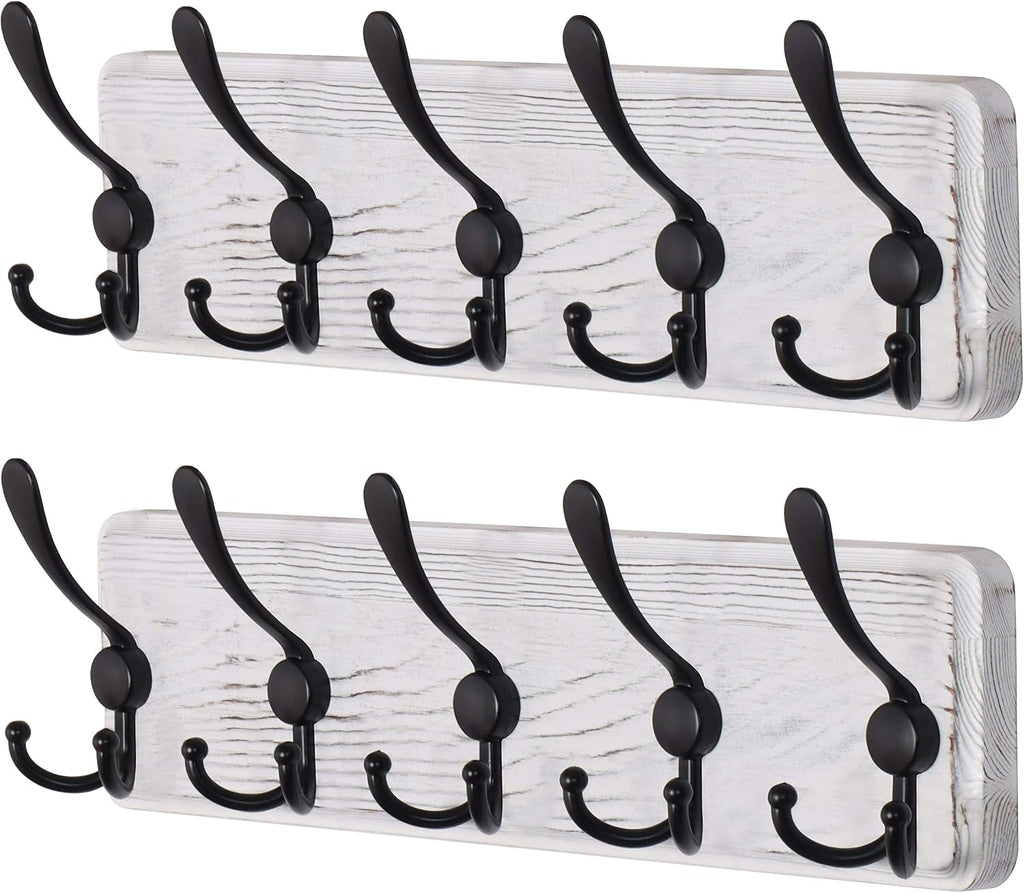 Dseap Coat Rack Wall Mounted - 5 Tri Hooks, Heavy Duty, Wooden Wall Coat Hanger Coat Hook for Clothes Hat Jacket Clothing, White & Black, Pack of 2