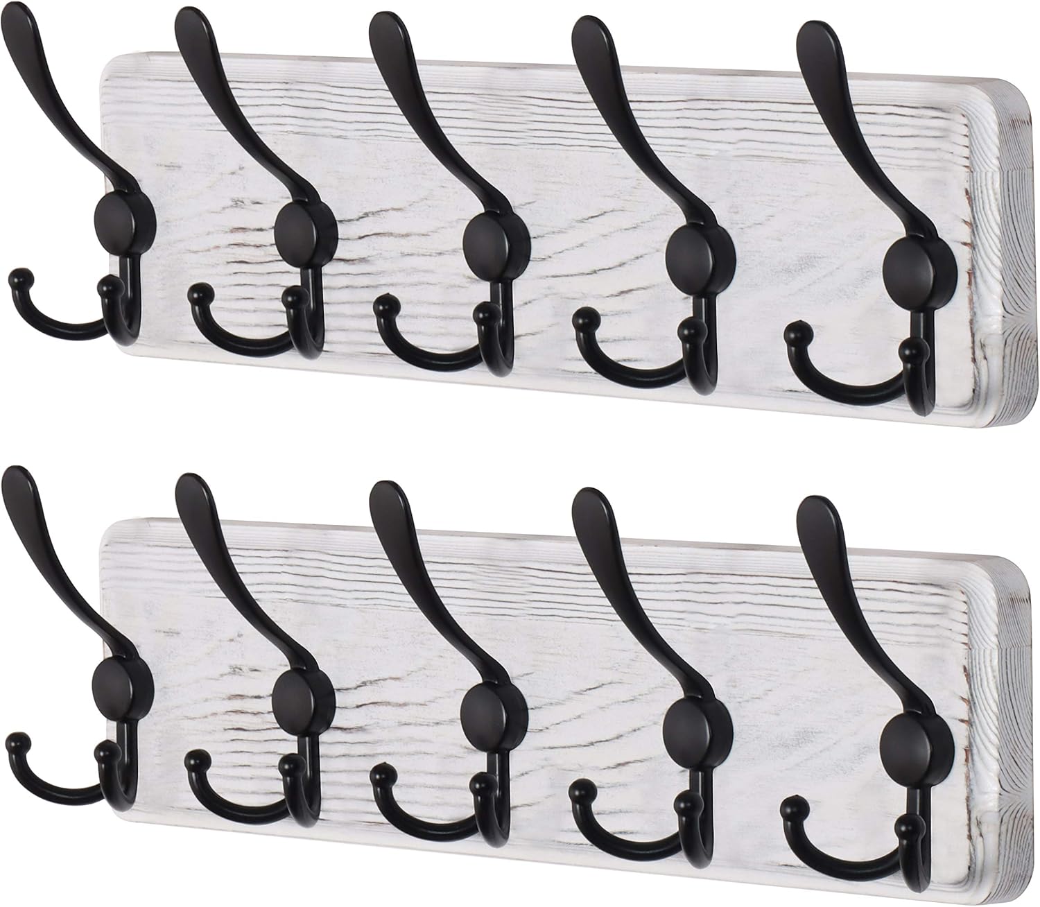 Dseap Coat Rack Wall Mounted - 5 Tri Hooks, Heavy Duty, Wooden Wall Coat Hanger Coat Hook for Clothes Hat Jacket Clothing, White & Black, Pack of 2