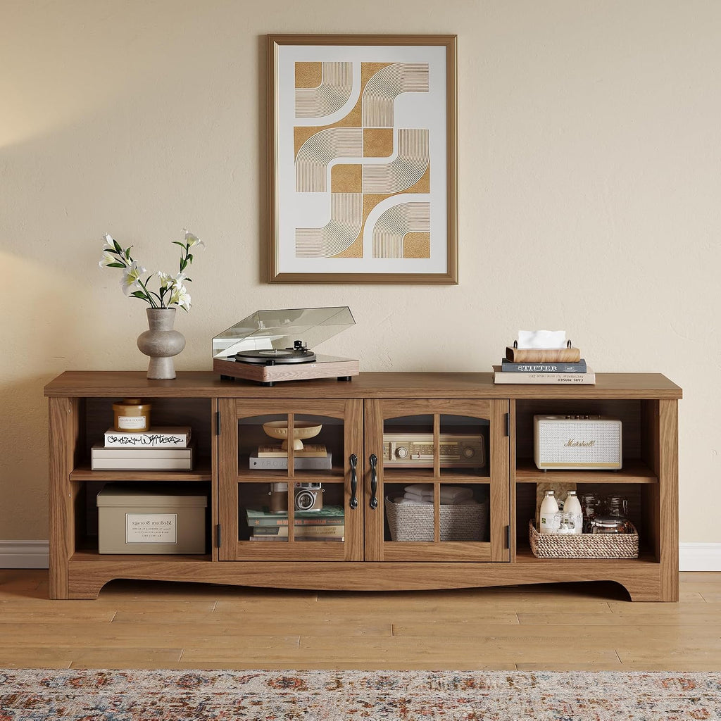 LINSY Home TV Stand for 75 Inch TV, Modern Farmhouse Entertainment Center with Storage Cabinets and Glass Doors, Tall Media Console Table for Living Room, Bedroom, Large Long Television Stand, Walnut