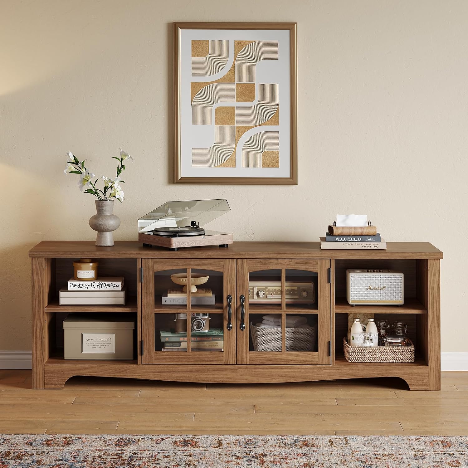 LINSY Home TV Stand for 75 Inch TV, Modern Farmhouse Entertainment Center with Storage Cabinets and Glass Doors, Tall Media Console Table for Living Room, Bedroom, Large Long Television Stand, Walnut