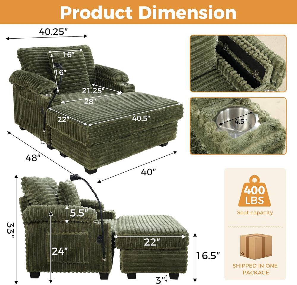 Oversized Chaise Lounge Chair with Adjustable Backrest, Movable Storage Ottom...