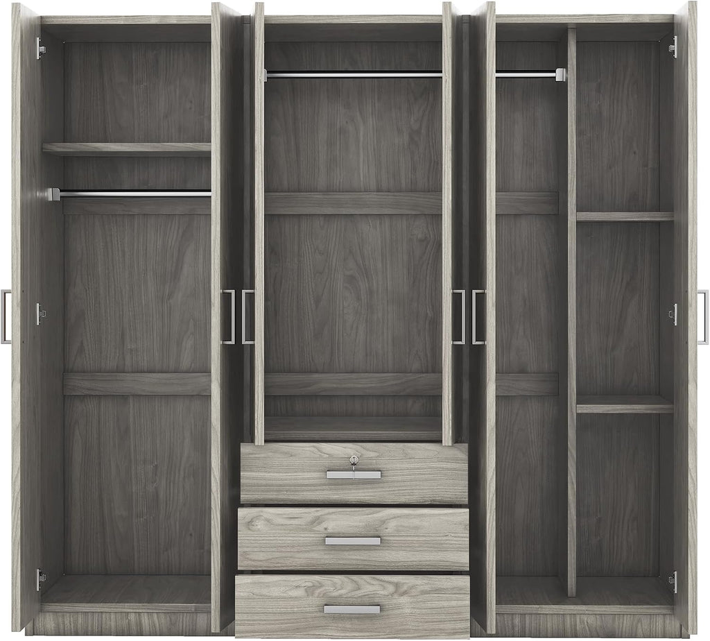 SOFTSEA 6 Doors Armoire Wardrobe Closet with Drawers, 70.9" Large Armoire Wardrobe Cabinet with Storage Shelves and 3 Hanging Rods, Bedroom Clothes Cabinet Organizer (Grey)