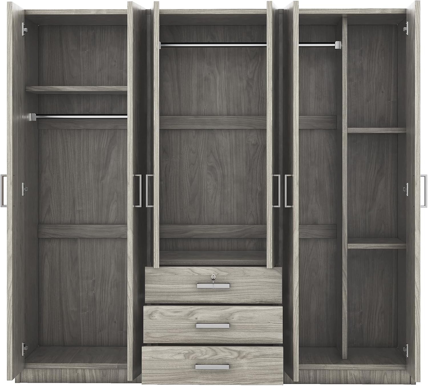 SOFTSEA 6 Doors Armoire Wardrobe Closet with Drawers, 70.9" Large Armoire Wardrobe Cabinet with Storage Shelves and 3 Hanging Rods, Bedroom Clothes Cabinet Organizer (Grey)