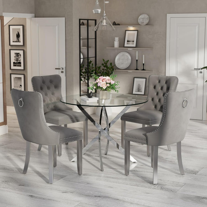 36" Luxury Glass Round Dining Table Set with 4 Velvet Upholstered Dining Chairs with Metal Legs, Modern Kitchen Table for 4, Glass Table Top with Silver Crossed Metal Legs(Gray&Silver)