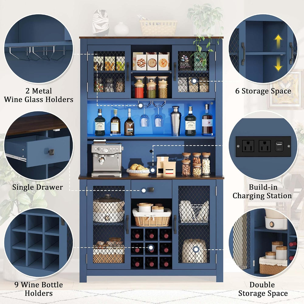 71” Kitchen Pantry with Microwave Shelf & Charging Station, LED Lighting ...