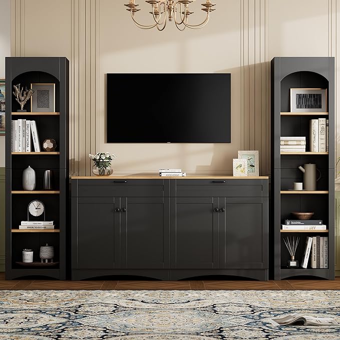 Merax Modern 3 Piece TV Stand with 2 Bookshelves for TVs up to 70'', Mid-Century Solid Wood Entertainment Center with Storage Cabinets, Practical Media Console for Living Room, Bedroom, Black