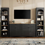 Merax Modern 3 Piece TV Stand with 2 Bookshelves for TVs up to 70'', Mid-Century Solid Wood Entertainment Center with Storage Cabinets, Practical Media Console for Living Room, Bedroom, Black