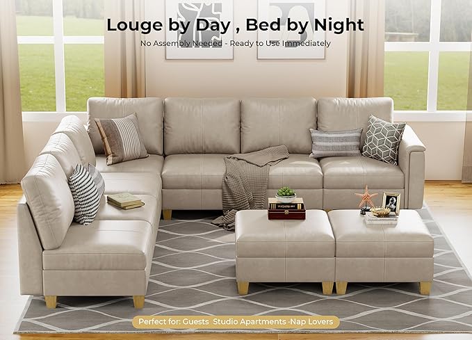 SITJOY 118" Faux Leather Modular Sectional Sofa with Storage, Mid Century Modern Sectional Couches for Living Room, Soft Padded Armrests, 9 Seat L Shaped Couch with Ottoman, Greige