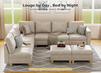 SITJOY 118" Faux Leather Modular Sectional Sofa with Storage, Mid Century Modern Sectional Couches for Living Room, Soft Padded Armrests, 9 Seat L Shaped Couch with Ottoman, Greige