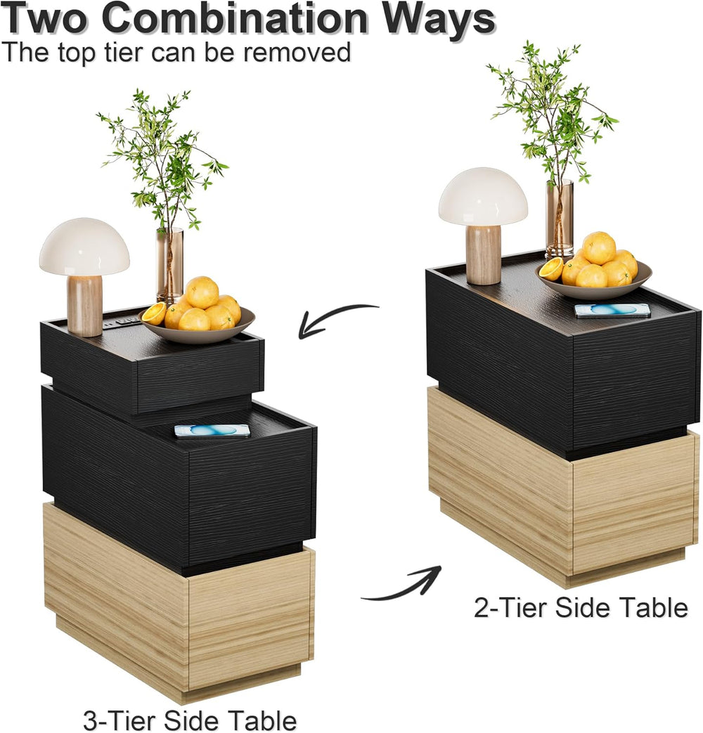 UEV End Table with Charging Station, Nightstand with Drawers and Storage, Nar...