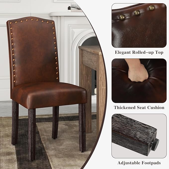 LSSBOUGHT PU Dining Chair Upholstered Parsons Kitchen Chair with Copper Nails and Solid Wood Legs for Dining Room,Restaurant (Dark Brown, 2PCS)