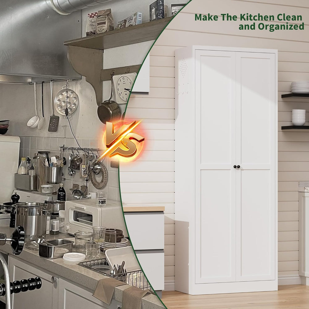 72" Tall Kitchen Pantry Cabinet,White Metal Pantry Cabinet with 2 Doors ...