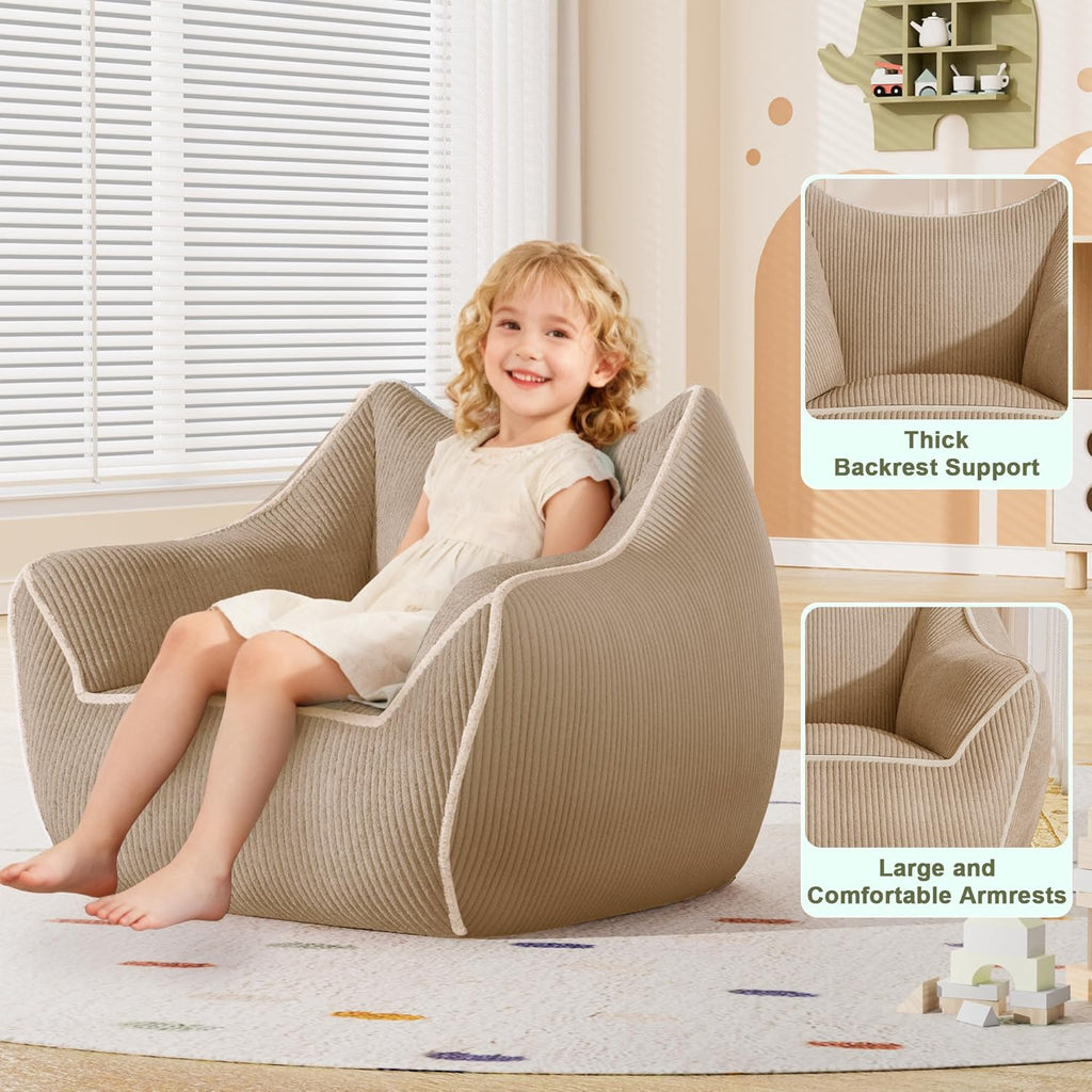 Toddler Bean Bag Chair, Stuffed Kids Bean Bag Sofa with Filler Corduroy Bean Bag Seat for Kids, Small Comfy Lazy Sofa Lounge Chair with Armrests and Back Support for Gaming, Reading, Beige
