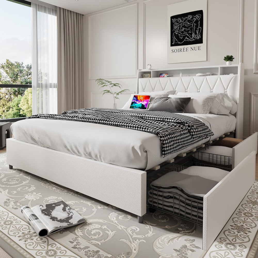Peanu Queen Bed Frame, Ergonomic Headboard, White Metal Frame