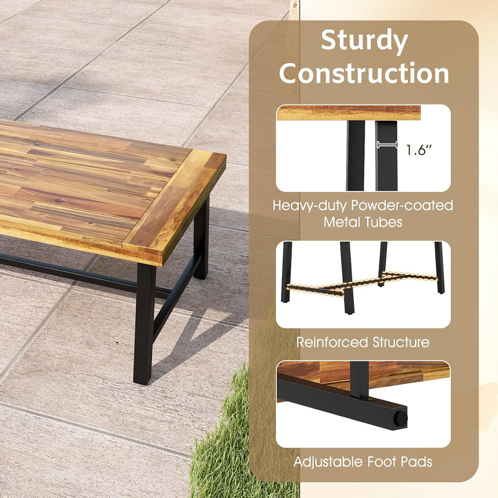 Tangkula Outdoor Acacia Wood Coffee Table, Rectangle Rustic Accent Table with Thickened Top & Heavy-Duty Metal Legs, for Patio, Deck, Garden, Natural