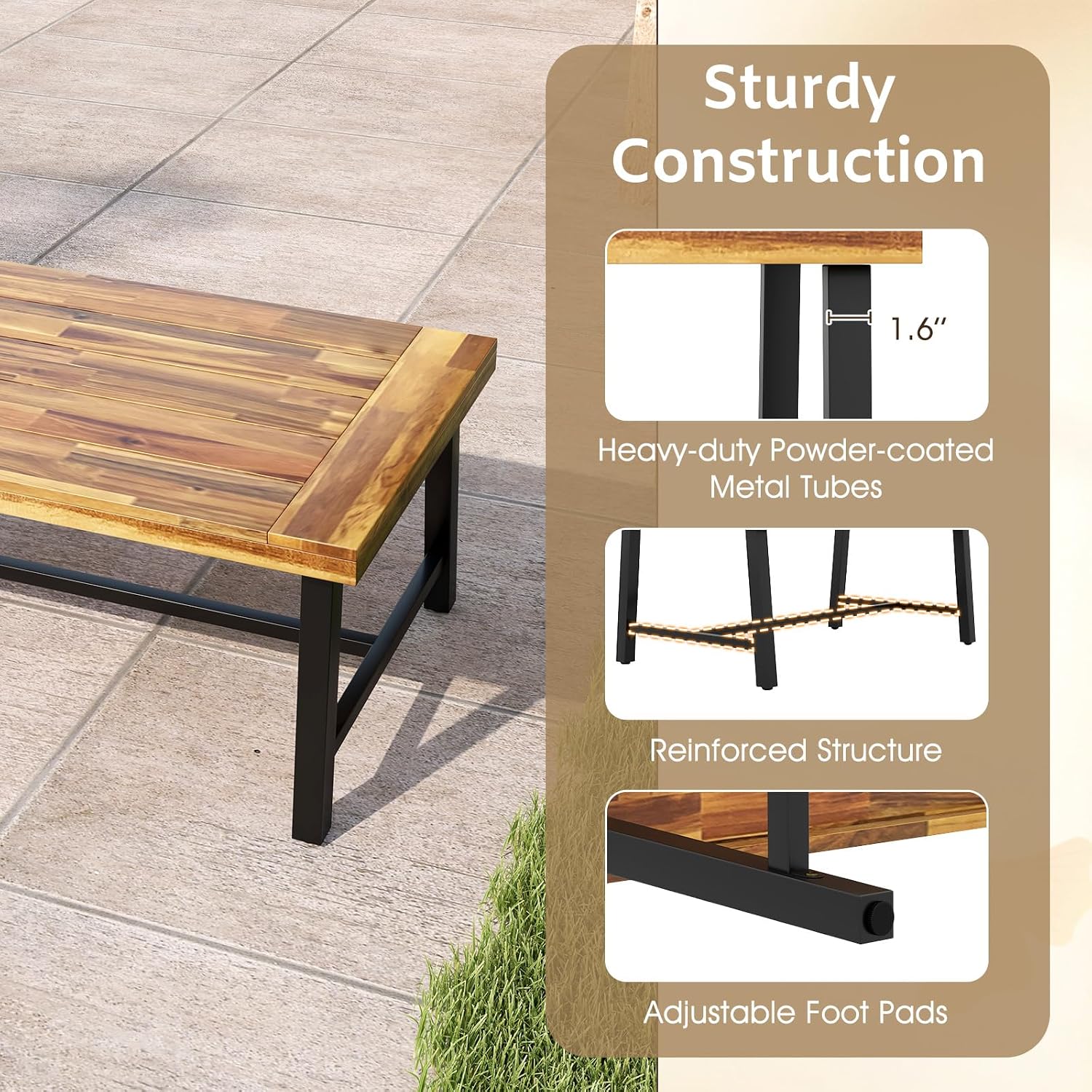 Tangkula Outdoor Acacia Wood Coffee Table, Rectangle Rustic Accent Table with Thickened Top & Heavy-Duty Metal Legs, for Patio, Deck, Garden, Natural