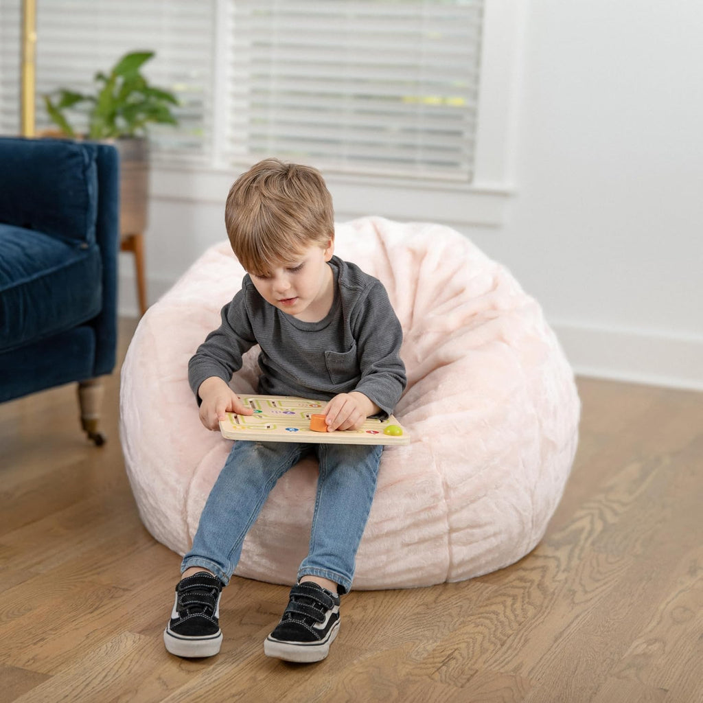 EMMA + OLIVER Daisy Small Blush Furry Bean Bag Chair for Kids and Teens