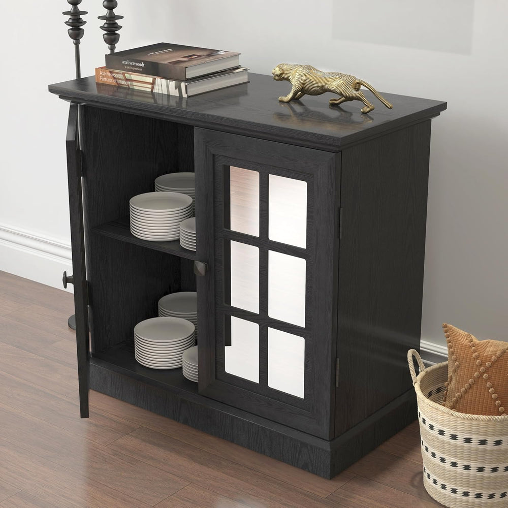 Storage Sideboard Cabinet with Mirrored Doors, Modern Buffet Cabinet w/Adjust...