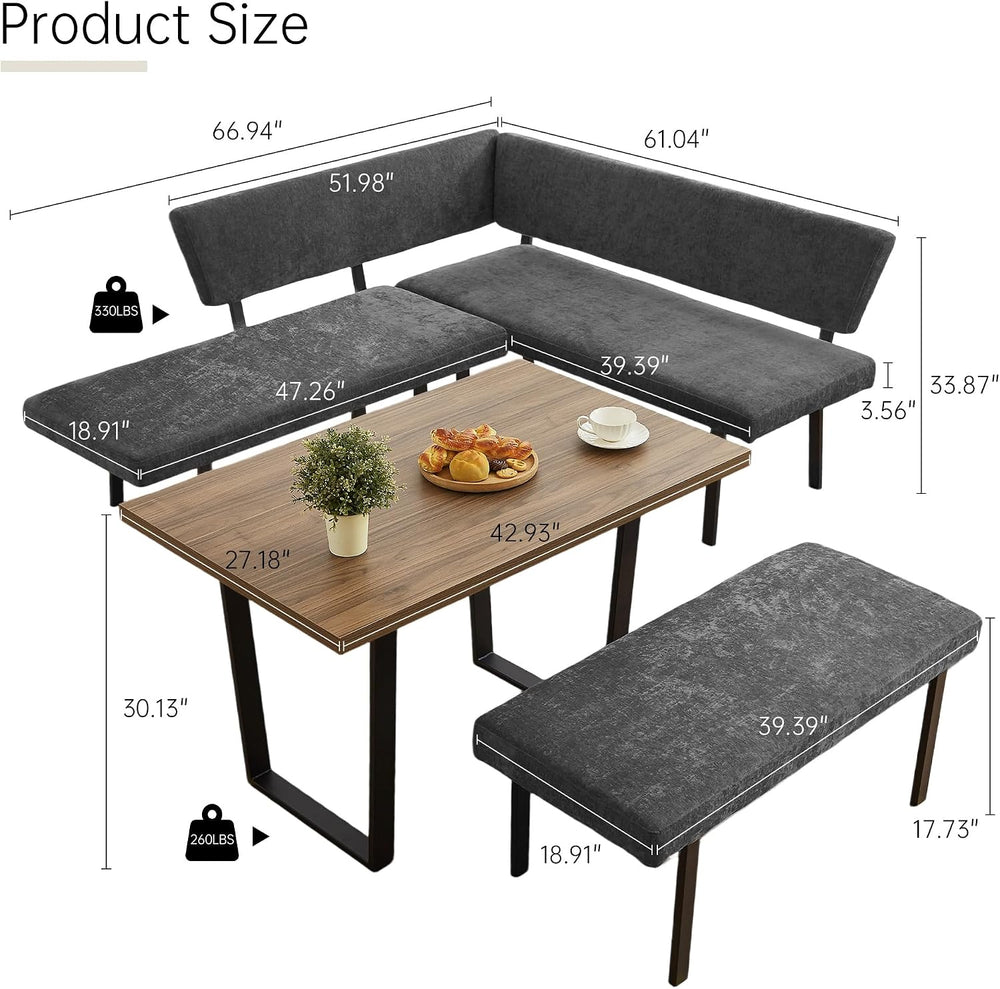 HIPIHOM 3-Piece Corner Dining Table Set with Bench, 67 Inch Space-Saving Brea...