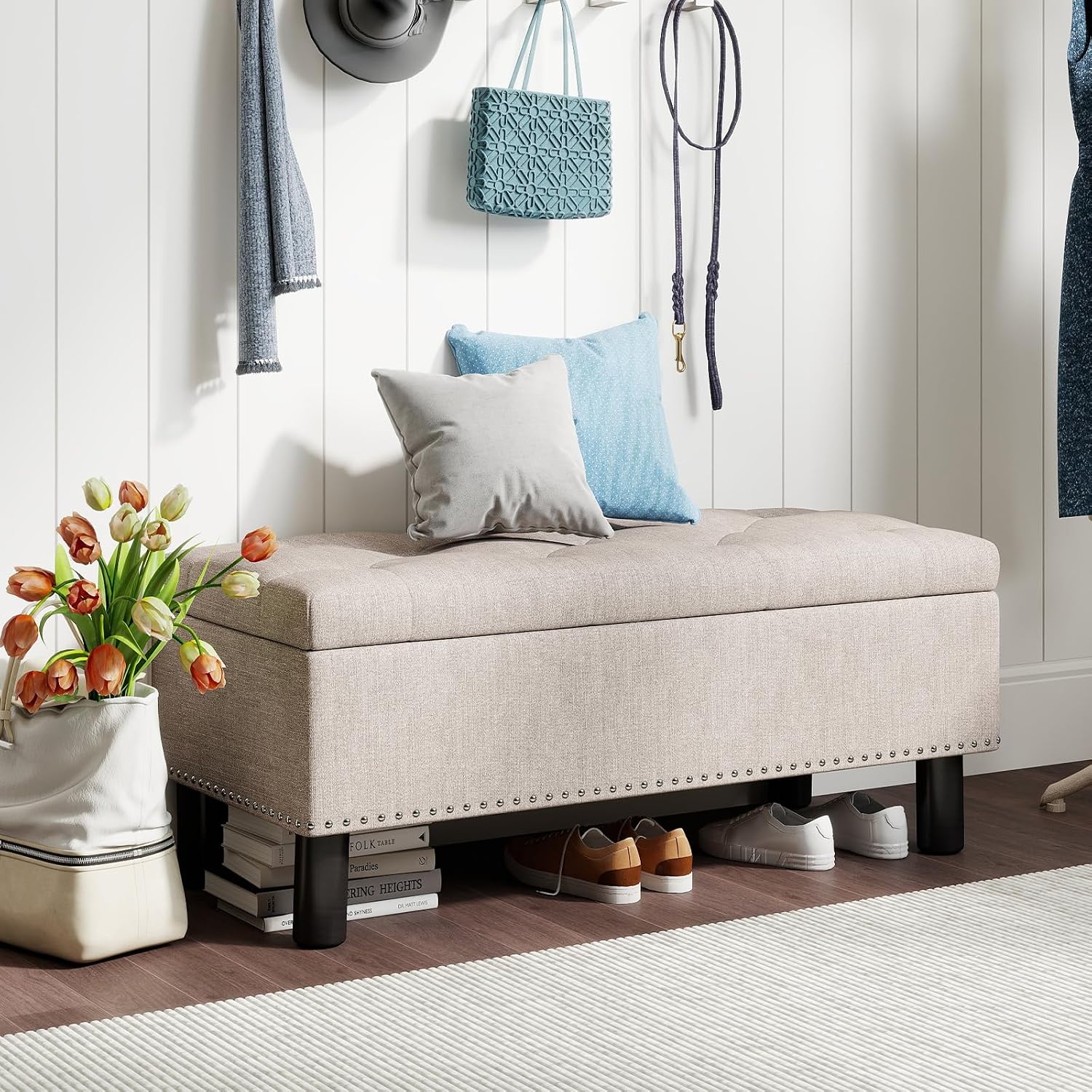 Furniliving 42" Ottoman with Storage, End of Bed Bench with Button-Tufted Large Upholstered Storage Ottoman Entryway Bench Storage Bench for Bedroom, Living Room, Linen, Beige