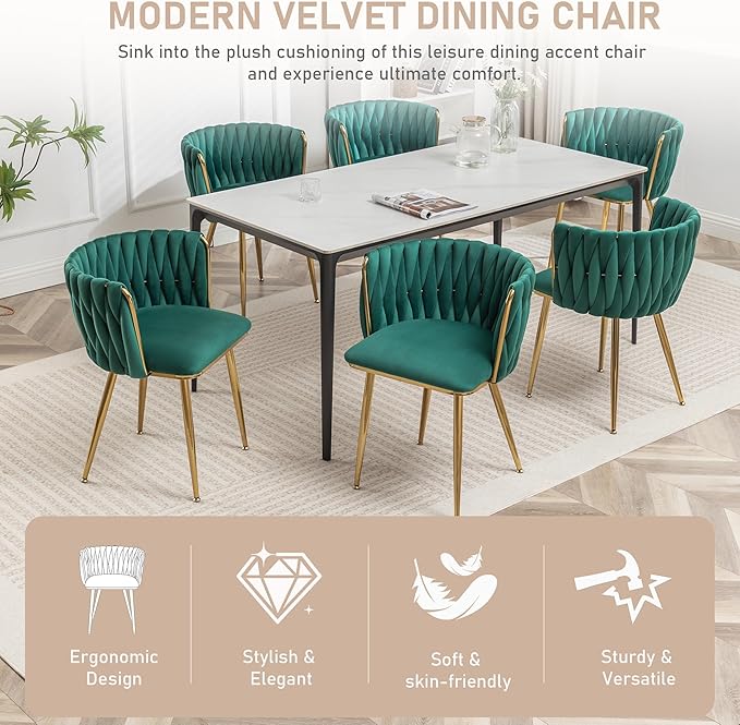 Kiztir Velvet Dining Chairs Set of 6 Woven Dining Chairs with Gold Metal Legs Upholstered Modern Dining Room Chair for Living Room, Bedroom, Kitchen (Green, Set of 6)