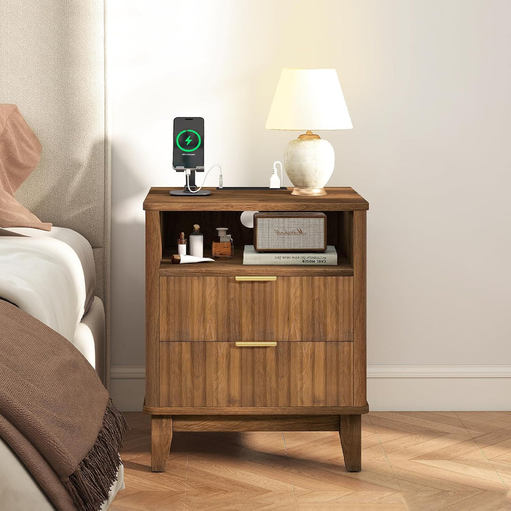 Night Stand Set of 2 with Charger Station, Fluted Nightstand with Drawers and...
