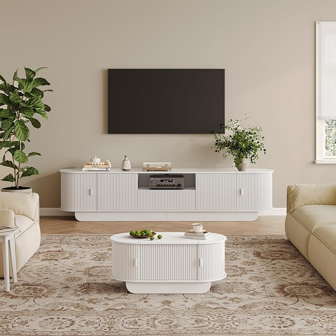 Fluted TV Stand and Coffee Table Set of 2, 86.6'' TV Console for 55-85 Inch, Modern Entertainment Center with Large Storage Cabinet, Lift Top Coffee Table for Living Room, Bedroom, White