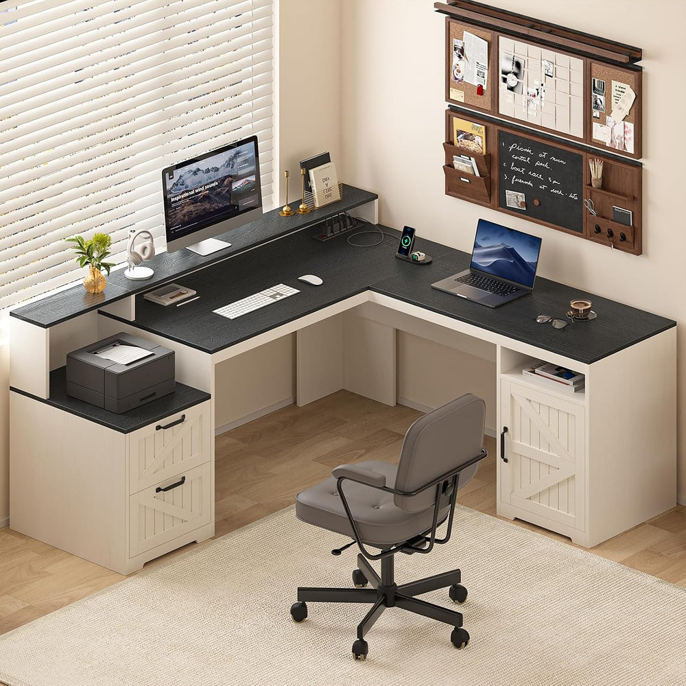 63" Farmhouse L Shaped Desk with Drawers & Printer Shelf for Home Of...