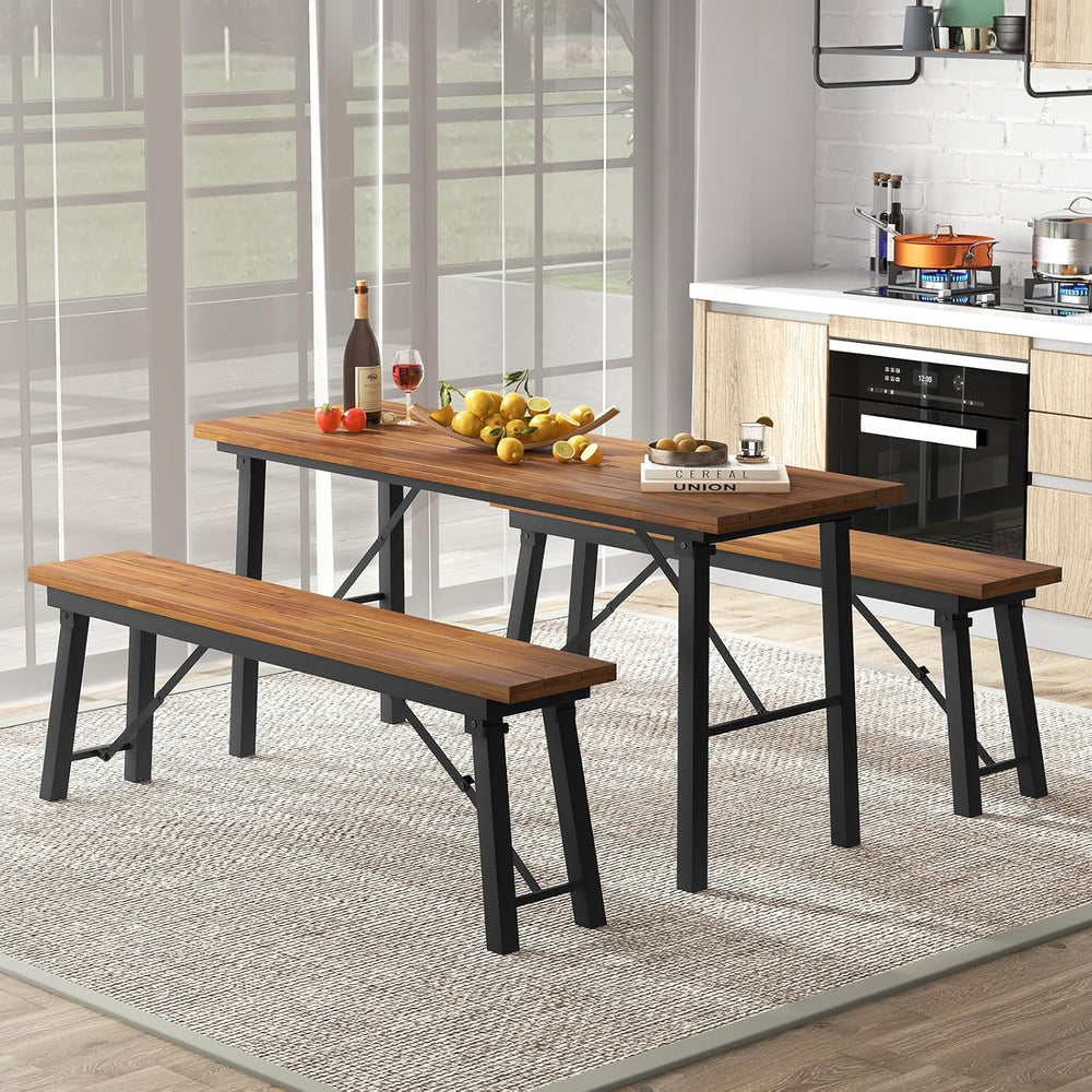Tangkula Outdoor Dining Table With Benches for 4-6 Persons, No Assembly Folda...