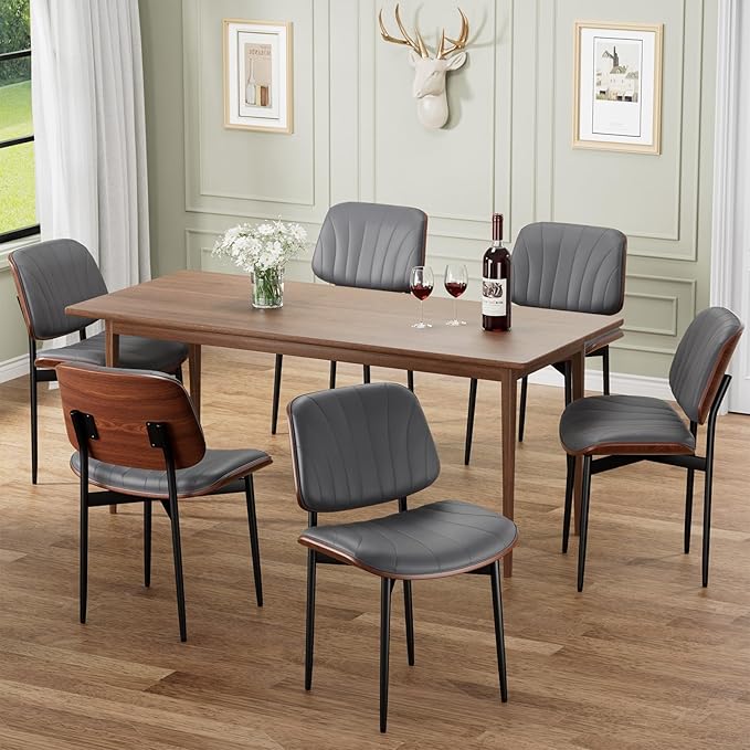 Dining Chairs Set of 4, Mid-Century Modern Upholstered PU Leather Chairs with Walnut Back and Metal Legs Adjustable Feet for Kitchen Dining Room, Dark Gray Shell Strips