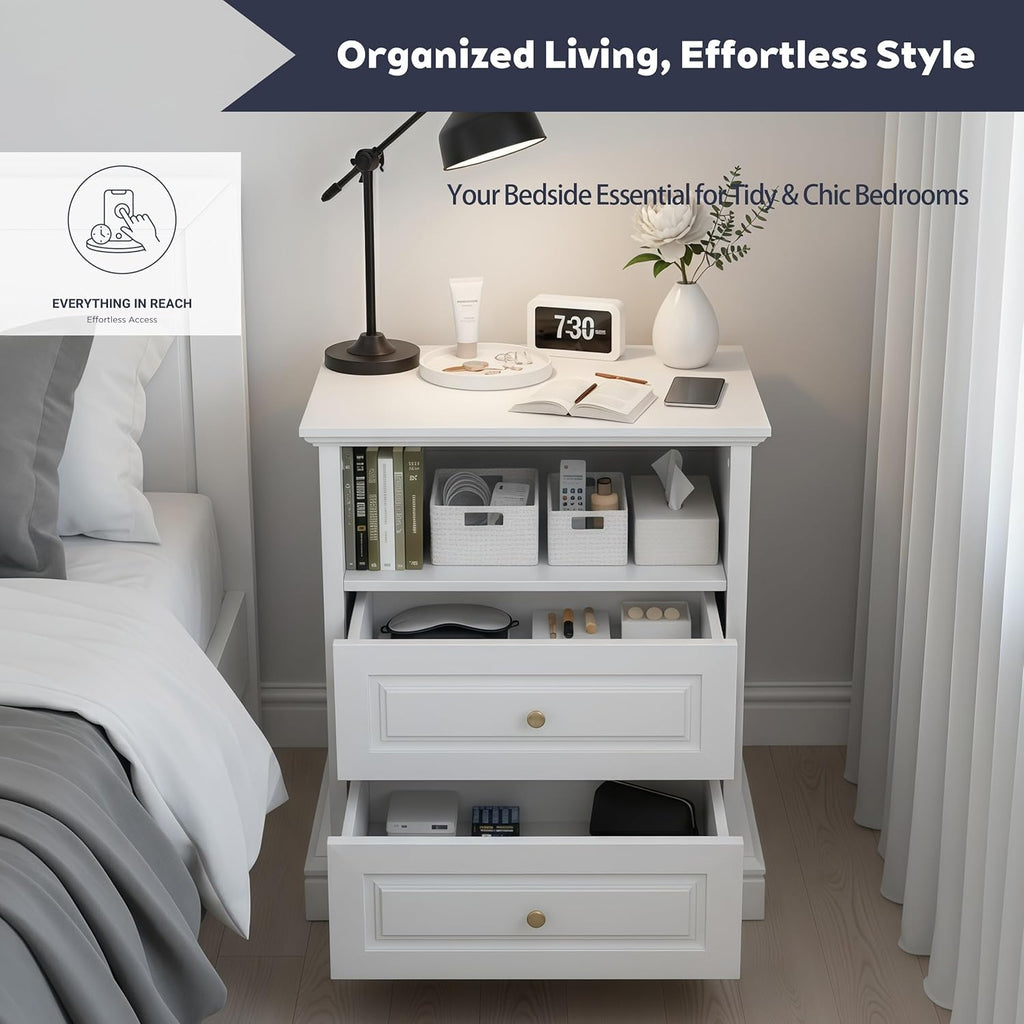 2-Pack White Nightstand with 2 Drawers & Open Shelf, 21.2"x16.5"x24.0" Bedside Table with Gold Knobs, Modern End Table for Bedroom Living Room
