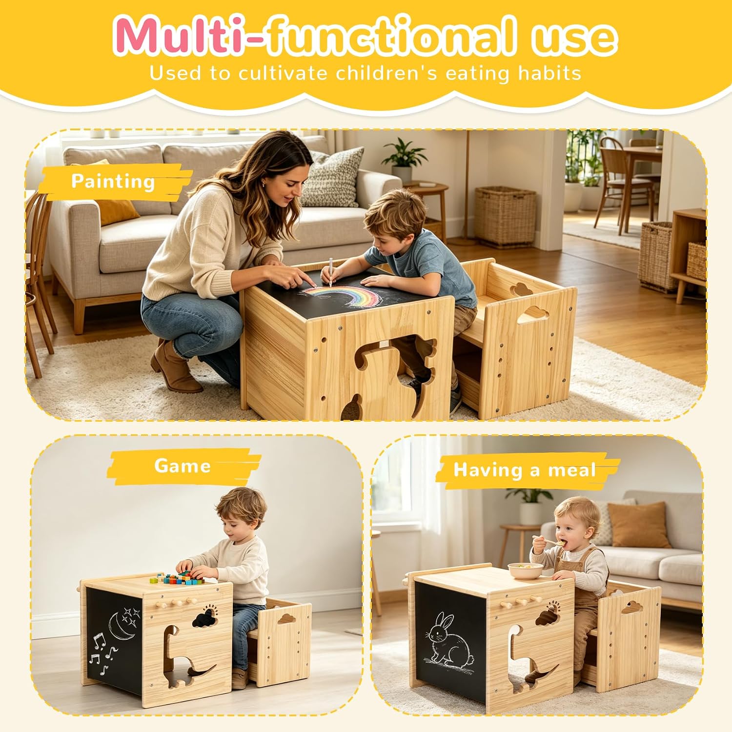 Brobear Weaning Table and Chair Set for 3-Layer Adjustable, Storage Drawer | for Ages 1-3,Blackboard, Storage Hooks, Puzzle Storage Boards, Natural Wood,CPC Certification, for Dining, Painting, Reading