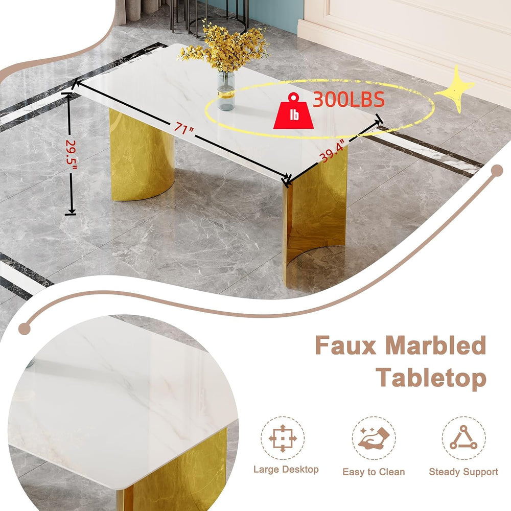 71" Dining Table Set for 6, White Faux Marble Dining Room Table Set for ...